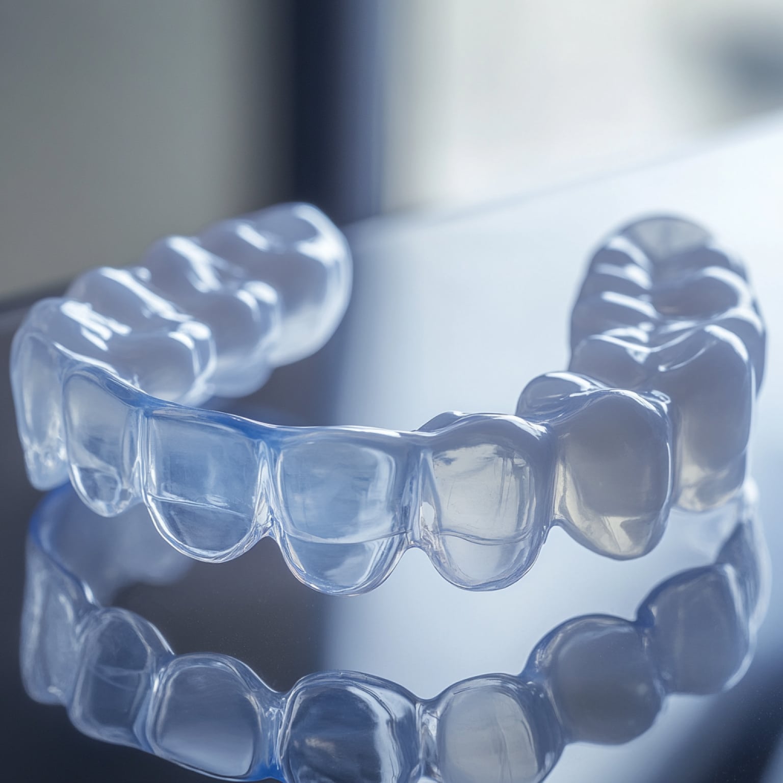 Clear aligner for teeth, reflecting on a glossy surface, designed for orthodontic purposes. Soft lighting highlights its transparent, custom-molded structure.